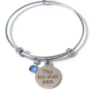 This Too Shall Pass Silver Bangle Bracelet with Accent Blue Zircon Charm